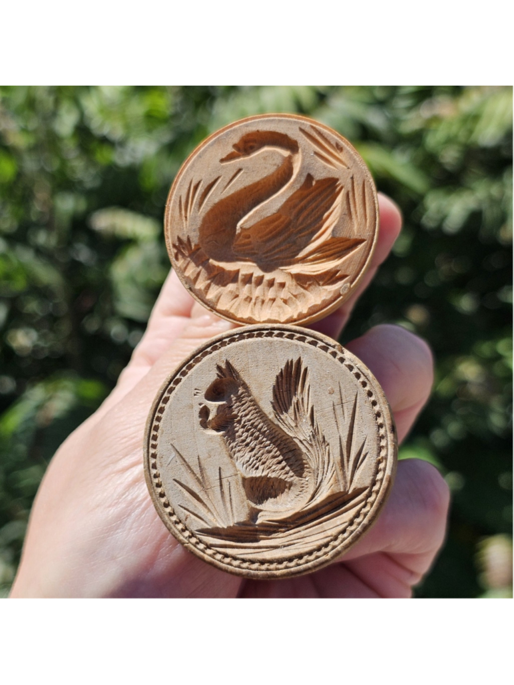 Vintage Wooden Butter Mold Stamps Swan Squirrel Hand Carved Kitchen Decor 2pcs